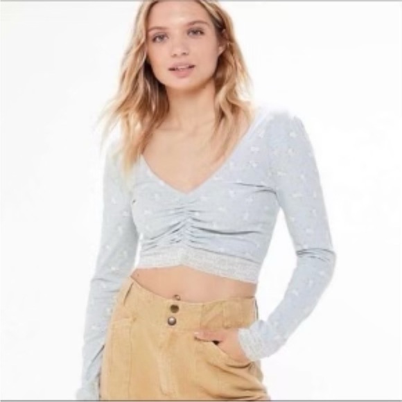 Urban Outfitters Lila Ruched Longsleeve Lace Trimmed Crop Top - Picture 4 of 6